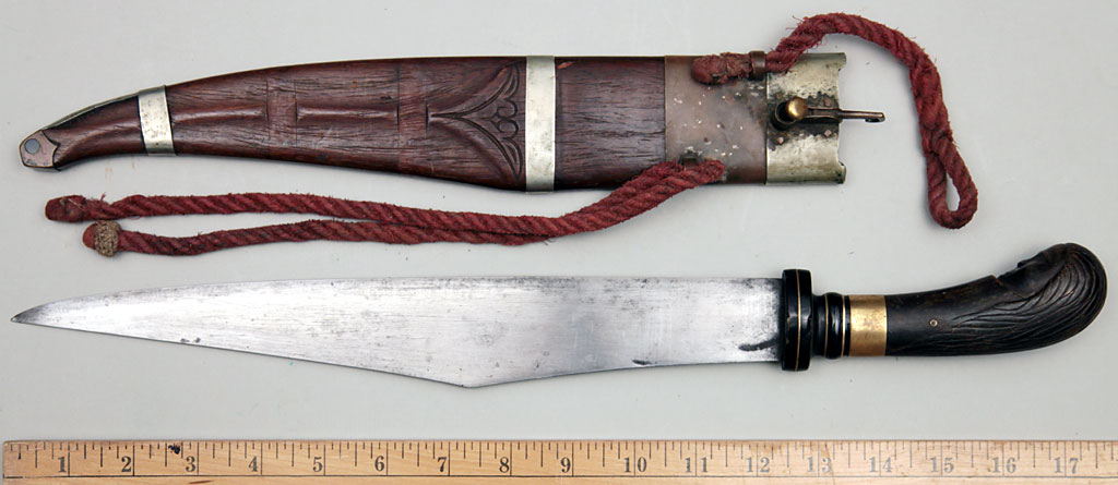 Philippine Bolo Knife with Figural Carved Horn Hilt & Sheath