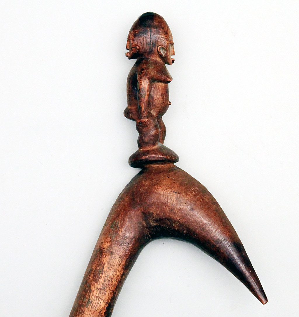 African Wooden Ceremonial Implement / Club with a 'Janus' Back to Back Male / Female Figure